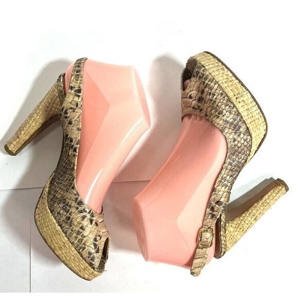 Stuart Weitzman for Scoop Snake Platform Heels Sandals Jute Straw Peep Toe Ankle - Picture 9 of 12